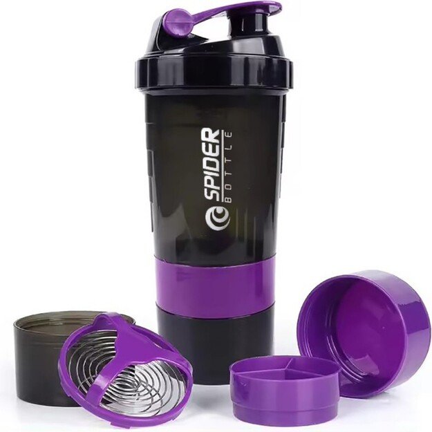 Sportinis papildų plaktuvas su sieteliu, 500 ml (juoda/violetinė)