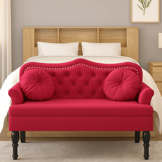 Miegamojo lovos suoliukas su pagalvėlėmis